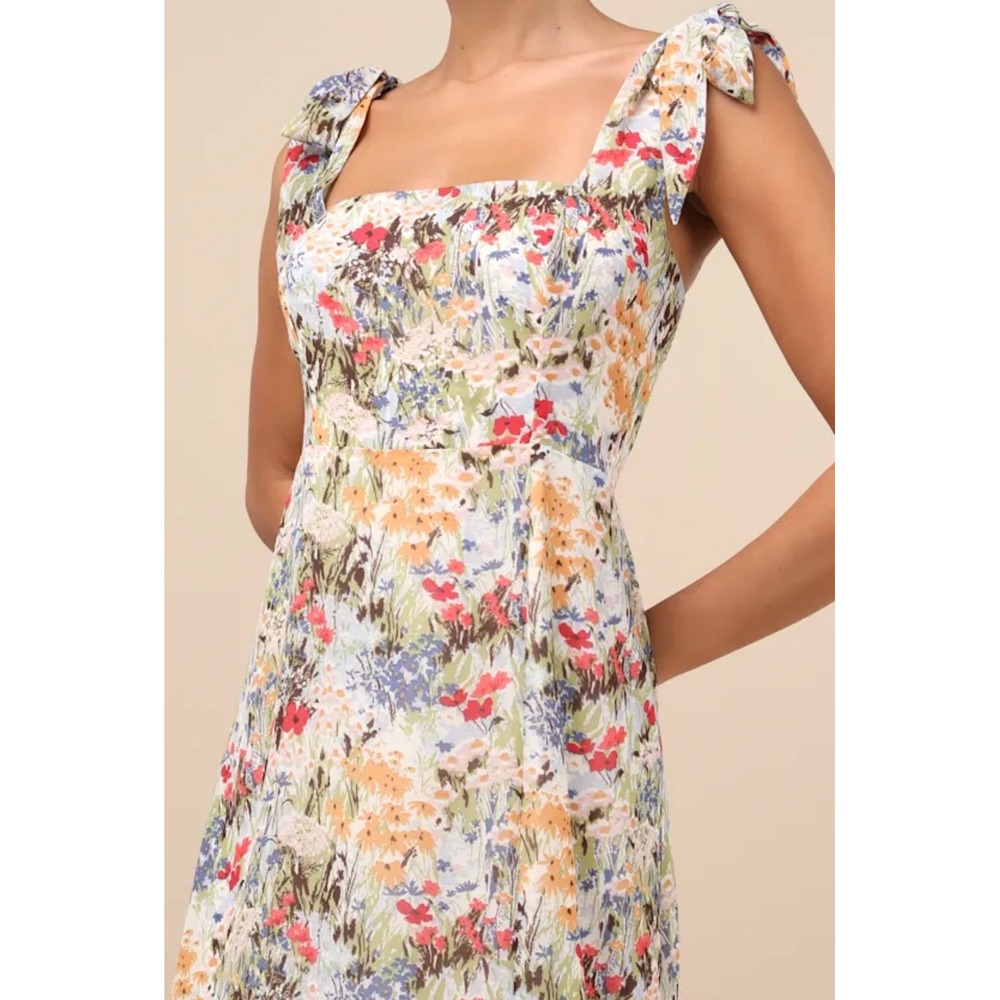 Lulus Summer Invite White Multi Floral Tie-Strap Tiered Midi Dress Ruffle 2853